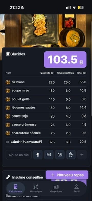 Capture de l'étape de calcul des glucides