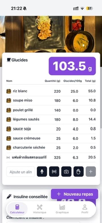 Capture de l'étape de calcul des glucides