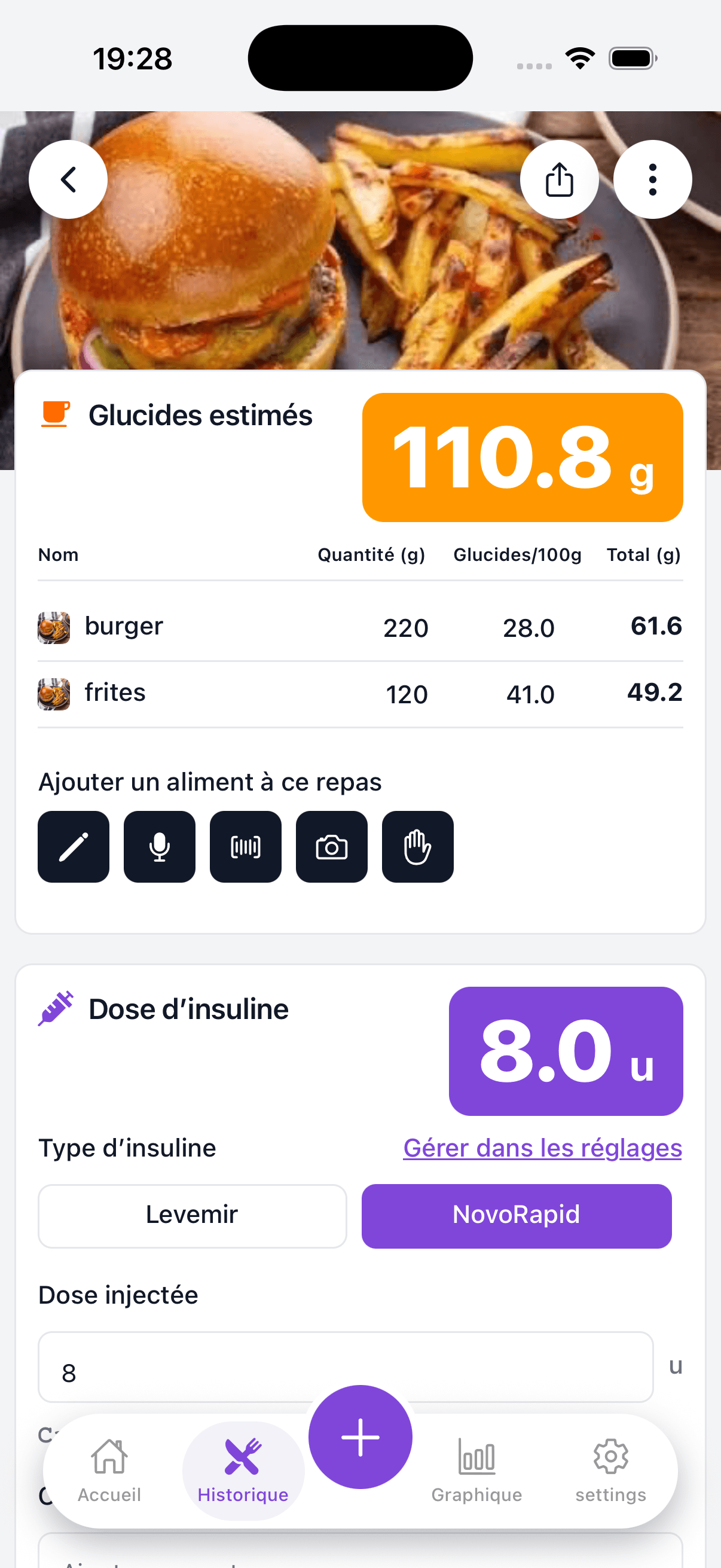 Pré-visualização do ecrã de estimativa de hidratos de carbono do Gluco