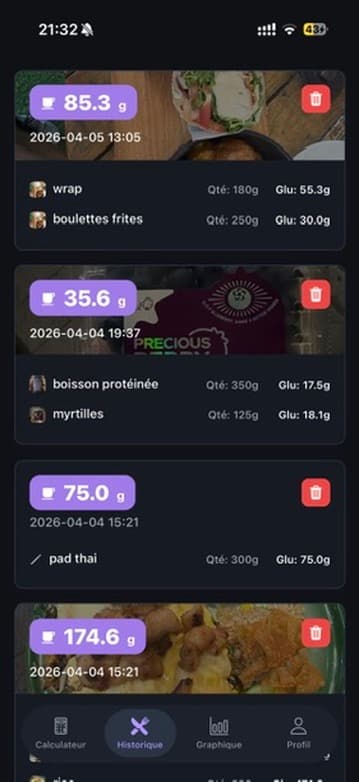 Capture de l'écran historique de l'application Gluco