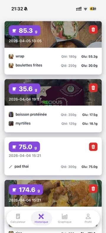 Capture de l'écran historique de l'application Gluco